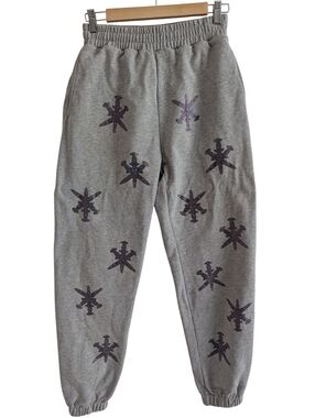 UNKNOWN London Gray With Purple Rhinestone Dagger Sweatpants Small